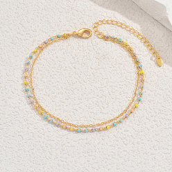 Настоящее золото 18K Двухслойные браслеты на щиколотку из латуни и разноцветных пластиковых бусин для женской пляжной вечеринки, реальный 18 k позолоченный, 8-1/4 дюйм (210 мм)