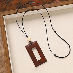 Rectangle Деревянная подвеска, черный вощеный шнур, длинные цепочки для женщин, прямоугольные, 31.50 дюйм (80 см), Кулон : 95x40 мм