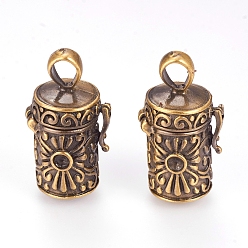 Brushed Antique Bronze Brass Prayer Box Pendants, Column with Flower, Brushed Antique Bronze, 27.5x15x13mm, Hole: 4x6mm, Inner: 7.5mm, Fit for 3mm rhinestone