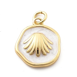 Shell Shape Подвески из латуни и эмали на тему океана, с целью перехода в кольце, реальный 18 k позолоченный, плоский круглый шарм, формы раковины, 17.5x15x3.5 мм, отверстие : 3 мм