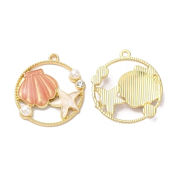 Темный Лосось Подвески из эмали и сплава, абс искусственный жемчуг со стразами, золотые, круглая морская звезда с ракушками, темный лосось, 26.5x24.5x5 мм, отверстие : 1.6 мм