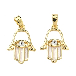 Лавандовый румянец Латунные микропаве прозрачные подвески с фианитом, эмалированные подвески в виде руки хамсы, стойки покрытие, долговечный, реальный 18 k позолоченный, лавандовый румянец, 18.5x13x2.5 мм, отверстие : 4x2.5 мм