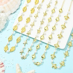 Mixed Shapes 4шт. 4 стиль океан 304 цепочки из нержавеющей стали с изображением морских животных, ручной работы, с белыми круглыми бусинами из ракушечника, золотые, разнообразные, 17.13~18.11 дюйм (43.5~46 см), 1 шт / стиль