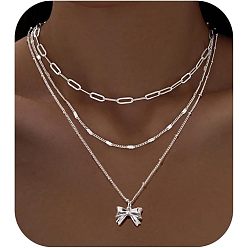 Платина 3 шт. латунная цепочка-скрепка 3 многослойные подвески для женщин, бантом, платина, 15.75 дюйм (40 см)