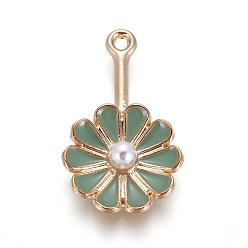 Темно-оливково-зеленый Подвески из эмали и сплава, с акриловой имитация жемчуга, цветок, золотой свет, темно-оливковый зеленый, 26x16x5 мм, отверстие : 1.4 мм