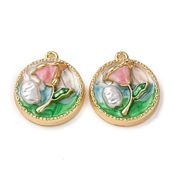 Зеленый Сплав эмали цветочные кулоны, плоские круглые подвески с искусственным жемчугом и блестящей пудрой, стойки покрытие, золотой свет, зелёные, 25x22x7.5 мм, отверстие : 1.8 мм