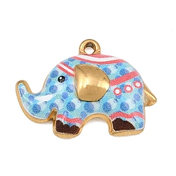 Light Sky Blue 304 Stainless Steel Pendants, Elephant Charms, Ion Plating(IP), Real 18K Gold Plated, Light Sky Blue, 15x20.5x4.5mm, Hole: 1.4mm