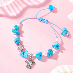 Синтетическая Бирюза Браслеты из сплава с подвесками в виде черепах, Регулируемые браслеты из синтетических бирюзовых бусин, плетеные из бусин, для женщин и мужчин., внутренний диаметр: 1.40~2.66 дюйм (6.6~6.75 см)