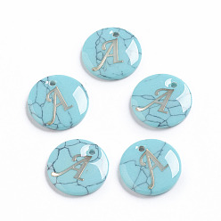 Letter A Synthetic Turquoise Charms, with Plastic Letter, Flat Round, Letter.A, 15x2mm, Hole: 1.5mm