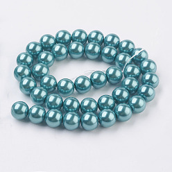 Deep Sky Blue Eco-Friendly Dyed  Glass Pearl Round Bead Strands, Cotton Cord Threaded, Deep Sky Blue, 8mm, Hole: 0.7~1.1mm, about 52pcs/strand, 15 inch