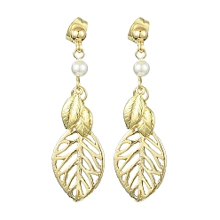 Golden Hollow Leaf Brass Dangle Stud Earrings, Shell Pearl Beaded Long Drop Earrings, Golden, 43x13mm