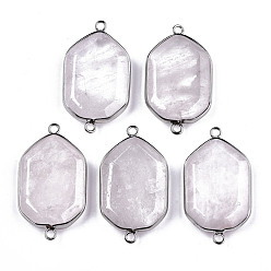 Rose Quartz Natural Rose Quartz Links Connectors, with Platinum Tone Brass Findings, Faceted Polygon, 40.5x23x6mm, Hole: 2mm