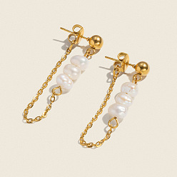 Настоящее золото 18K Овальные 304 серьги-гвоздики с цепочкой из нержавеющей стали и кисточкой, с пресноводным жемчугом, реальный 18 k позолоченный, 42x6 мм