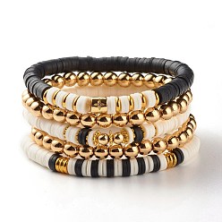 Черный 5 шт. 5 набор эластичных браслетов из синтетического гематита и полимерной глины бусины хейши, браслеты для йоги и серфинга для женщин, чёрные, внутренний диаметр: 2-1/8~2-1/4 дюйм (5.5~5.7 см)