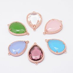 Rose Gold Faceted Glass Links, with Brass Cubic Zirconia Finding, teardrop, Rose Gold, 28x18x5mm, Hole: 2mm