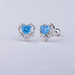 Сердце Серьги-гвоздики с синим кубическим цирконием из латуни и паве, с 316 l хирургическими штифтами из нержавеющей стали, цвет нержавеющей стали, сердце, Длина стержня: 6мм, штифты : 0.8 мм