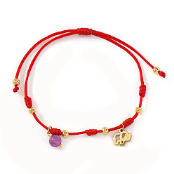 Золотой Регулируемые браслеты с аметистовыми бусинами и подвеской в виде слона из нержавеющей стали, с двойным плетеным шнуром и круглой латунной бусиной, золотые, 11.02 дюйм (28 см)