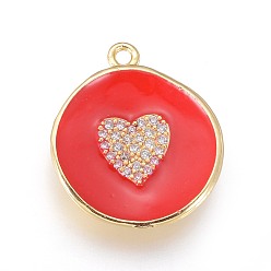 Красный Кулон из позолоченной латуни с микропаве из циркония, с эмалью, долговечный, плоско-круглые с сердцем, красные, 23x20x3 мм, отверстие : 1.8 мм