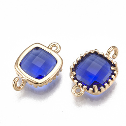 Синий Соединители стеклянные ссылки, с латунной фурнитурой , граненые, квадратный, золотые, синие, 14.5x9.5x3.5 мм, отверстие : 0.8~1.2 мм