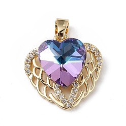 Medium Purple Real 18K Gold Plated Rack Plating Brass Micro Pave Clear Cubic Zirconia Pendants, with Glass, Long-Lasting Plated, Cadmium Free & Lead Free, Heart Charm, Medium Purple, 19x19x8mm, Hole: 5x3mm