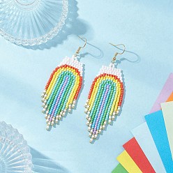 Разноцветный 304 радужные серьги-подвески из стеклянных бусин из нержавеющей стали, золотые, красочный, 84.5x27 мм