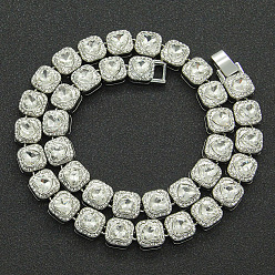 Прозрачный Сплав хрустальные стразы и сердцевидные стеклянные квадратные звенья цепочки теннисные ожерелья, платина, прозрачные, 17.72 дюйм (45 см)
