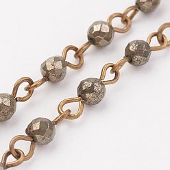 Pyrite Natural Pyrite Handmade Beaded Chains, Unwelded, with Iron Eye Pin, Antique Bronze, 39.37 inch, 1m/strand