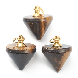 Tiger Eye Natural Tiger Eye Pendants with Golden Brass Findings, Circular Cone, 32~34.5x27.5~28mm, Hole: 8.2mm