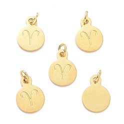Aries Golden Plated 304 Stainless Steel Charms, Flat Round with Constellations Pattern, Aries, 13.5x10x1mm, Jump Ring: 5x1mm, Hole: 3mm