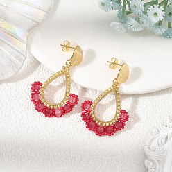 Red 201 Stainless Steel Stud Earrings, Teardrop, Glass Beads Dangle Earrings for Women, Red, 45x28.5mm