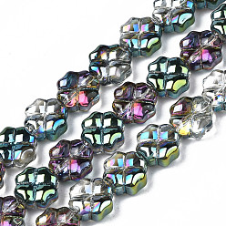 Colorful Electroplate Half Translucent Glass Beads Strands, Clover, Colorful, 8x8x4mm, Hole: 0.8mm, about 80pcs/strand, 25.59 inch(65cm)