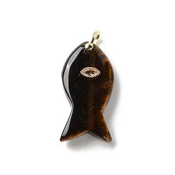 Тигровый глаз Природных тигровый глаз подвески, Подвески в виде рыбок с латунной микропаве из прозрачных кубических цирконий, золотые, 39.5~40x20~20.5x8.5 мм, отверстие : 4x4.5 мм