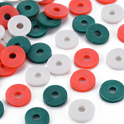 Teal 3 Colors Handmade Polymer Clay Beads, Heishi Beads, Disc/Flat Round, Teal & Red & White, 8x0.5~1.5mm, Hole: 2mm, about 11500pcs/1000g