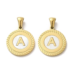 Letter A Ионное покрытие (ip) 304 подвески из нержавеющей стали, плоские круглые подвески-ракушки с буквой, золотые, буква a, 20.5x17.5x1.5 мм, отверстие : 2.5x4.5 мм
