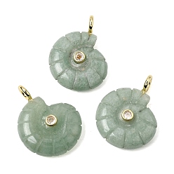Зеленый Авантюрин Резные подвески из натурального зеленого авантюрина, Подвески в форме раковины с латунными микропаве из прозрачных кубических цирконий., золотые, стойки покрытие, 34x25~26x10 мм, отверстие : 3.5 мм