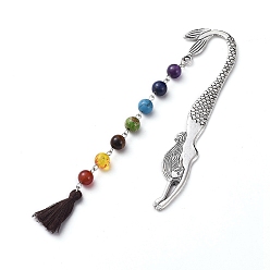 Coconut Brown Tibetan Style Alloy Bookmarks, with Gemstone Beads Chains, Cotton Thread Tassel Pendant Decorations, Mermaid, Coconut Brown, 165mm