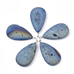 Steel Blue Electroplate Natural Druzy Geode Agate Pendants, with Brass Findings, teardrop, Platinum, Steel Blue, 52x28x9.5~10mm, Hole: 4.5x4mm