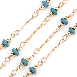 Золотой Латунные дисковые звенья цепи, с синтетическими бирюзовый, долговечный, стойки покрытие, без свинца и без кадмия, несварные, ручной работы из бисера цепи, золотые, 12x1 mm и 14.5x4.5 mm