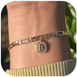 Letter X 304 браслеты с подвесками из нержавеющей стали и кристаллами горного хрусталя, браслеты-цепочки Фигаро для женщин, прямоугольник с буквой, золотые, Письмо X, 6-3/4 дюйм (17 см)