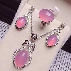 Pink 925 ожерелья, серьги и кольца из стерлингового серебра с микропаве из прозрачных кубических цирконий и натуральным халцедоном, платина, овальные, розовые, 400 мм