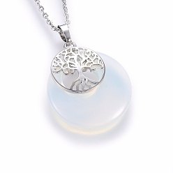 Опал Плоские круглые подвески с опалитом, латунные обереги «Древо жизни», платина, 33x28x6 мм