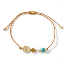 Золотой Браслеты из латуни с медальоном Святого Бенедикта и крестом, украшенные синтетическими бирюзовыми бусинами., регулируемые браслеты шнур, золотые, внутренний диаметр: 11.02 дюйм (28 см)