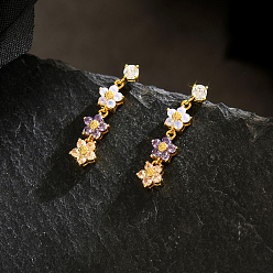 Настоящее золото 18K Серьги-гвоздики с подвесками в виде цветка из латуни, с кубического циркония, реальный 18 k позолоченный, 27.3x6.3 мм