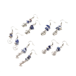 Содалитовое Серьги с бусинами из натурального содалита, длинные серьги-капли для женщин из латуни с морской тематикой, разнообразные, античное серебро, 50~55 мм, штифты : 0.7 мм
