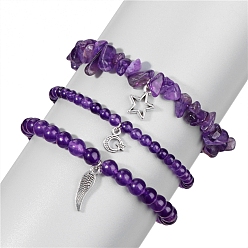 Аметист Природный аметист браслеты простирания, для женщин, амулет звезда, луна и крылья, периметр: 7-1/2 дюйм (19 см), 3 шт / комплект