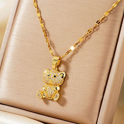 Золотой Ожерелья с подвеской в виде мультяшного медведя из латуни с микропаве из прозрачных кубических цирконий для женщин, золотые, 15.75 дюйм (40 см)