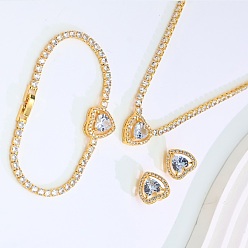 Прозрачный Женские латунные браслеты, серьги-гвоздики и подвески из кубического циркония с микропаве из латуни., сердце, золотые, прозрачные, ожерелья: около 16.54 дюйма (42 см)