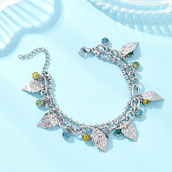 Нержавеющая Сталь Цвет Браслеты из двухслойных цепочек Figaro и шариков из нержавеющей стали с листом, 304 браслеты из нержавеющей стали и 304 браслеты с подвесками из нержавеющей стали для женщин, цвет нержавеющей стали, 201 дюйм (7.13 см)