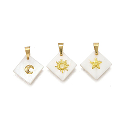 Rhombus 3 шт 3 стили натуральные пресноводные ракушки геометрические подвески, с золотистыми латунными пластинами в виде луны, солнца, звезд и 304 защелкивающимися дужками из нержавеющей стали, белые, ромб, 16.5~17x16.5~17x2~2.5 мм, отверстие : 5x3 мм, 1 шт / стиль
