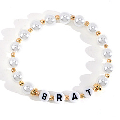 Белый Минималистичные абс имитация жемчуга круглые бусины эластичные браслеты для женщин, слово отродье, с акрилом и латунью, белые, внутренний диаметр: 6-7/8 дюйм (17.5 см)